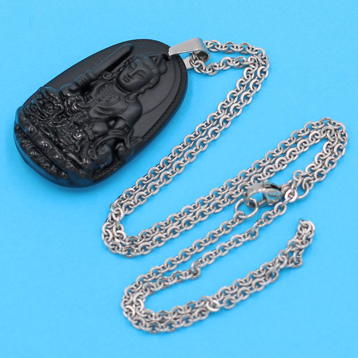 Vòng cổ phật Văn Thù Bồ Tát - thạch anh đen 3.6cm DITTEB3 - dây inox bạc - tuổi Mão