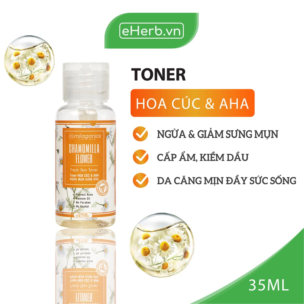 Nước Hoa Hồng Toner Hoa Cúc & AHA Ngừa Mụn, Giảm Dầu Dành Cho Da Mụn Nhạy Cảm MILAGANICS