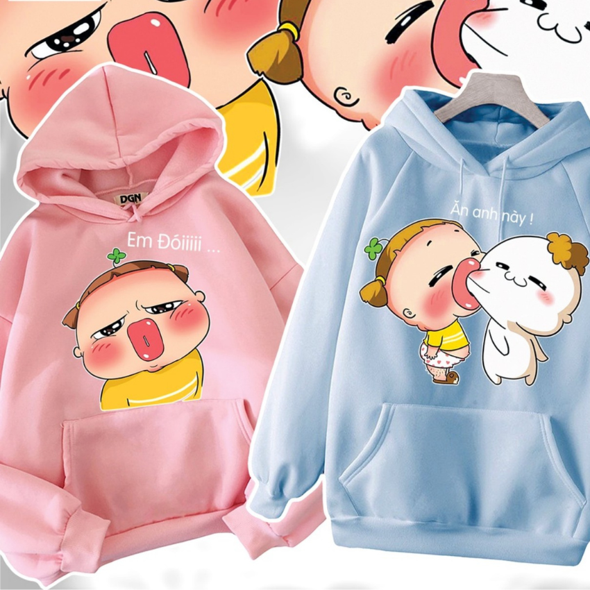 Áo Đôi Nam Nữ MM13, Áo Đôi NỈ Có Mũ In Mèo Em Đói, Vải Nỉ Bông In Hình Dễ Thương