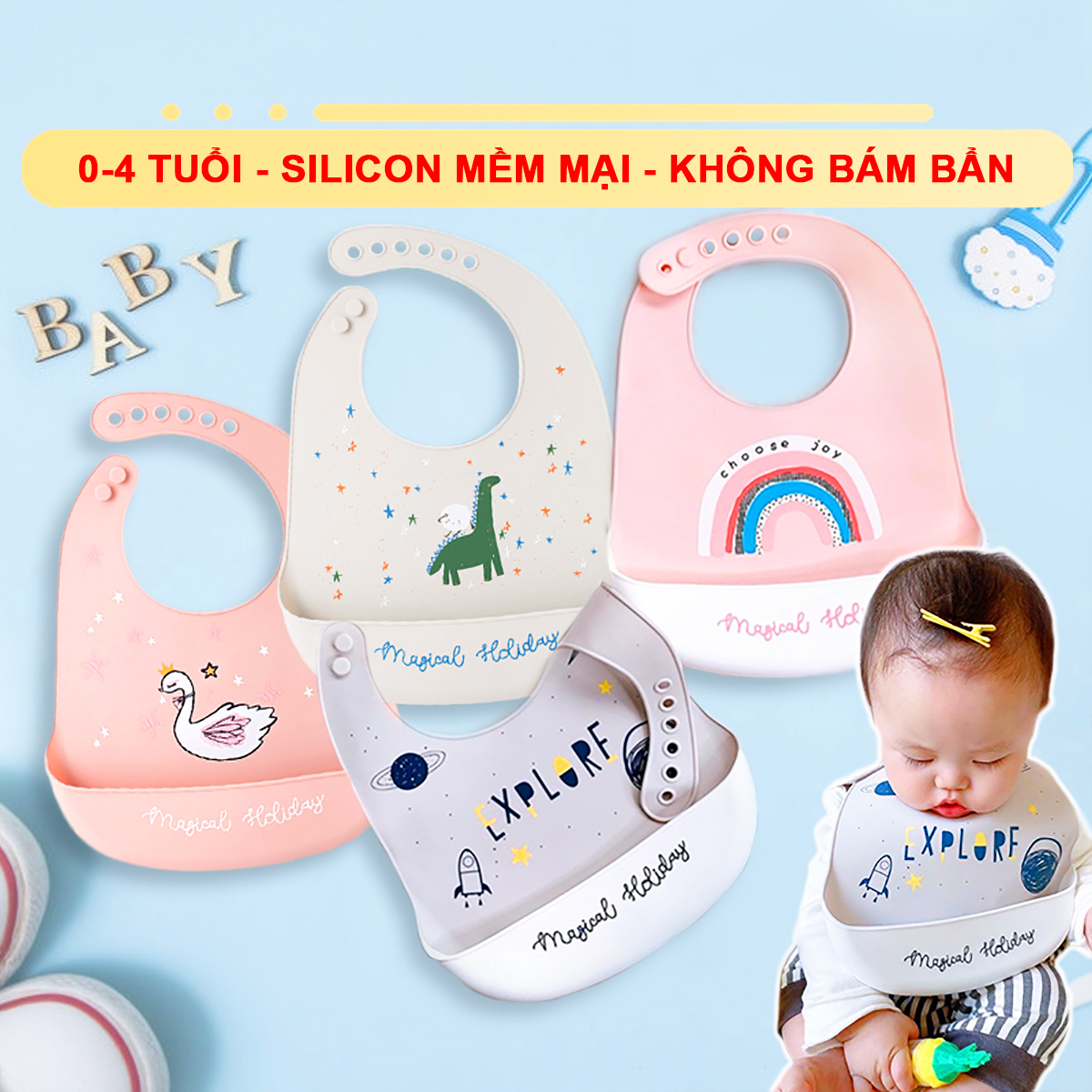 Yếm ăn dặm silicon cao cấp mềm mại cho bé từ 6 tháng tuổi có máng không bám bẩm nhiều họa tiết đáng yêu – SSS006