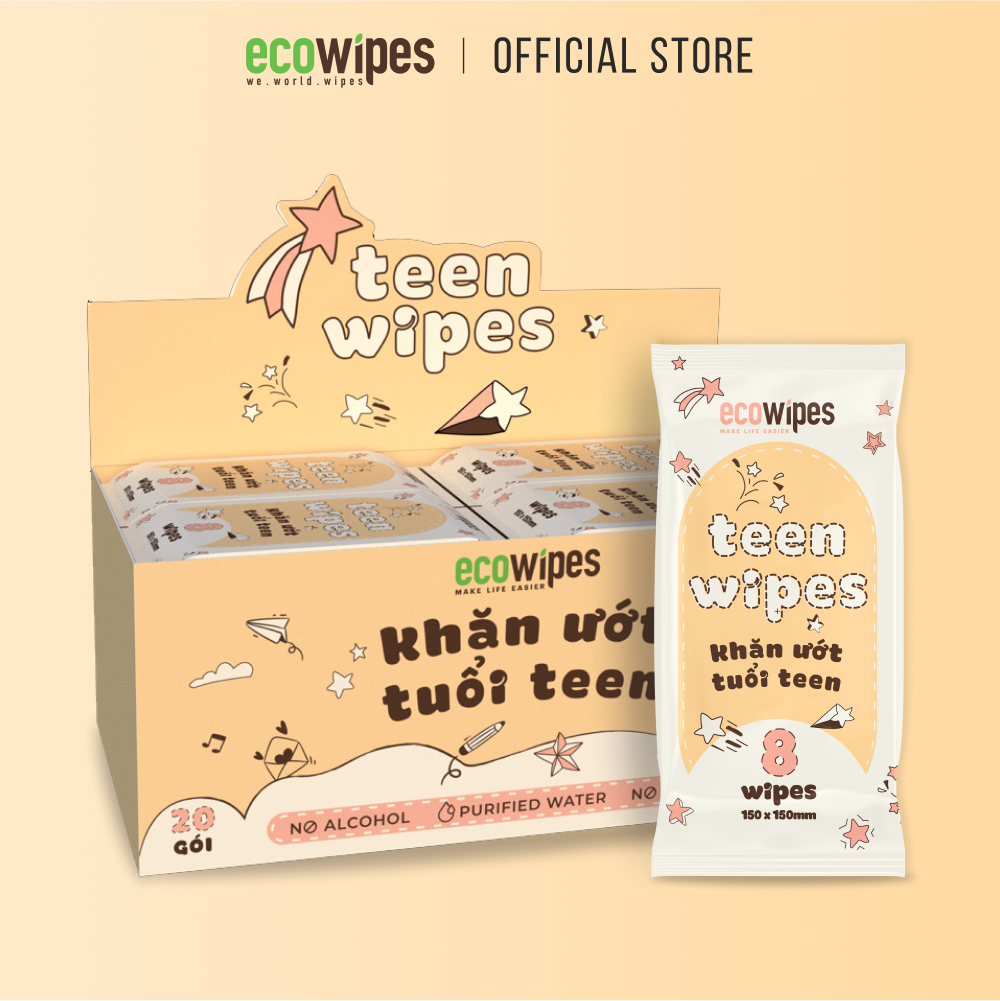 Hộp 20 gói khăn giấy ướt mini size EcoWipes gói 8 tờ không mùi nhỏ gọn tiện dụng cho học sinh sinh viên