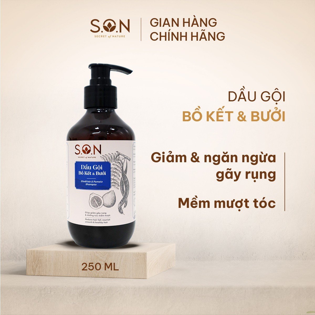 Dầu gội bồ kết &amp; bưởi S.O.N giảm gãy rụng, giảm gàu, dưỡng mượt tóc