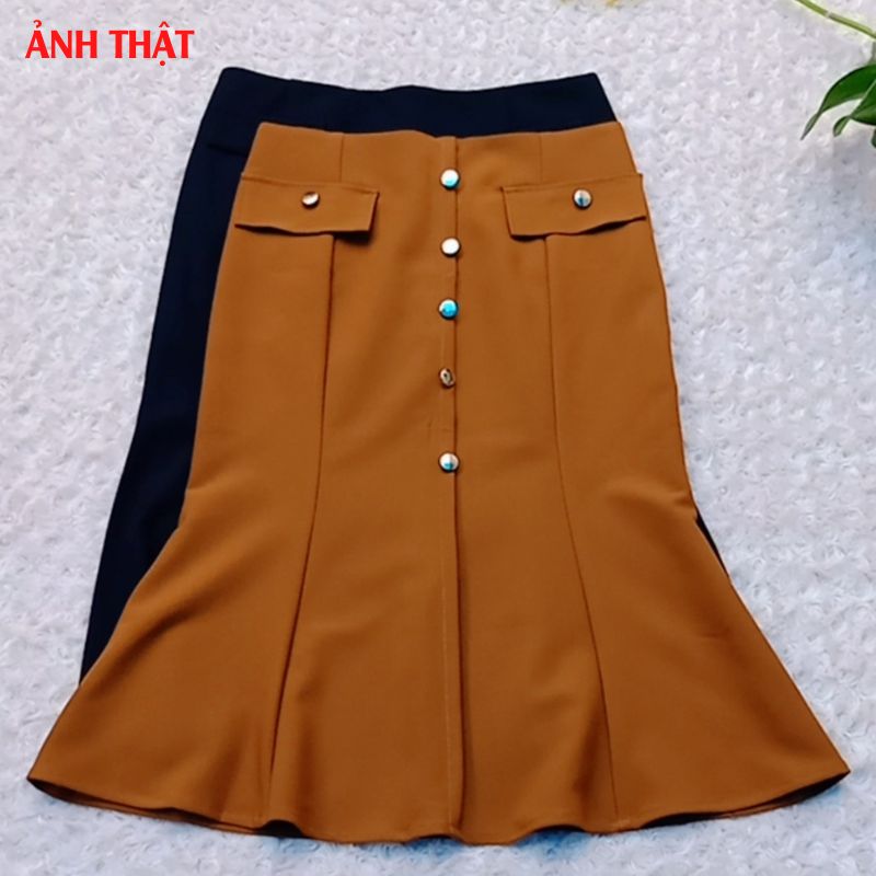 Chân Váy Công Sở New Design ,Thiết Kế Dáng Váy Chữ A Dài Qua Gối, Che Khuyết Điểm Phối Nút Kiểu Nữ, Vải Tốt Co Giãn Màu Đen CV0084