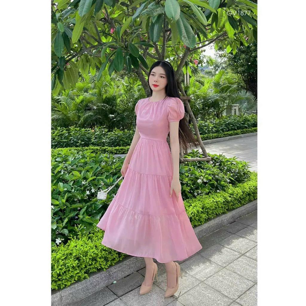 Đầm midi xòe tay phồng cổ tròn thùy mị