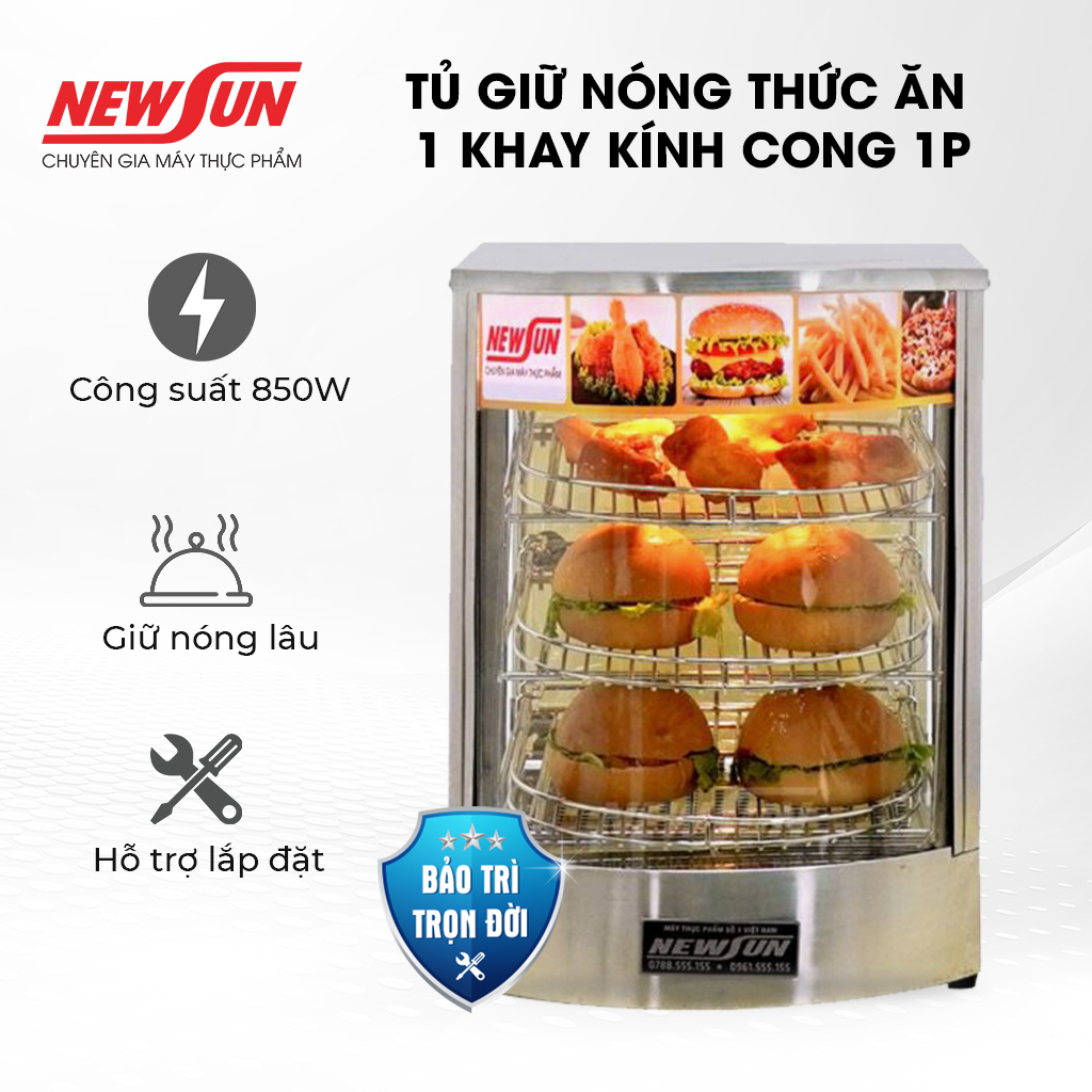 Tủ giữ nóng thức ăn 1 khay kính cong 1P trưng bày gà rán bảo quản thực phẩm NEWSUN - Hàng chính hãng