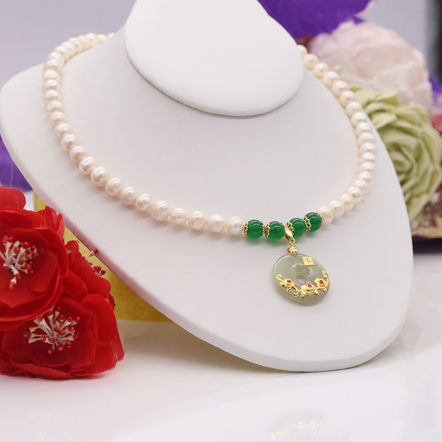 Chuỗi Ngọc Trai Đeo Cổ Đá Mã Não Xanh Phát Tài Lộc - DB1438 - Bảo Ngọc Jewelry