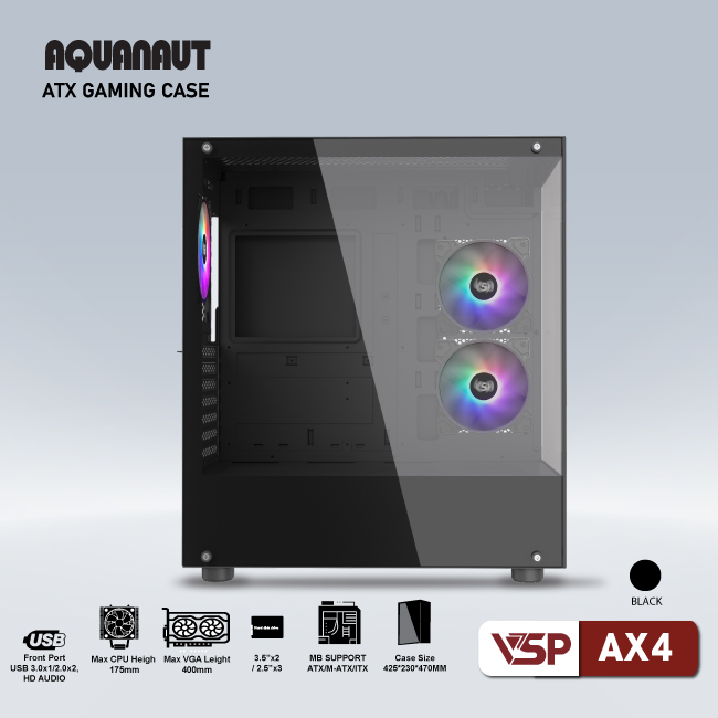 Vỏ máy tính Case VSP Aquanaut AX4 [ĐEN] 2 mặt kính (ATX/M-ATX/mATX) (Không kèm Fan) - Hàng chính hãng Tech Vision phân phối