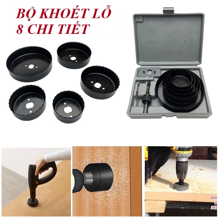 Bộ dụng cụ khoét lỗ 8 chi tiết - 5 vành khoét 64mm; 76mm; 89mm; 102mm; 127mm