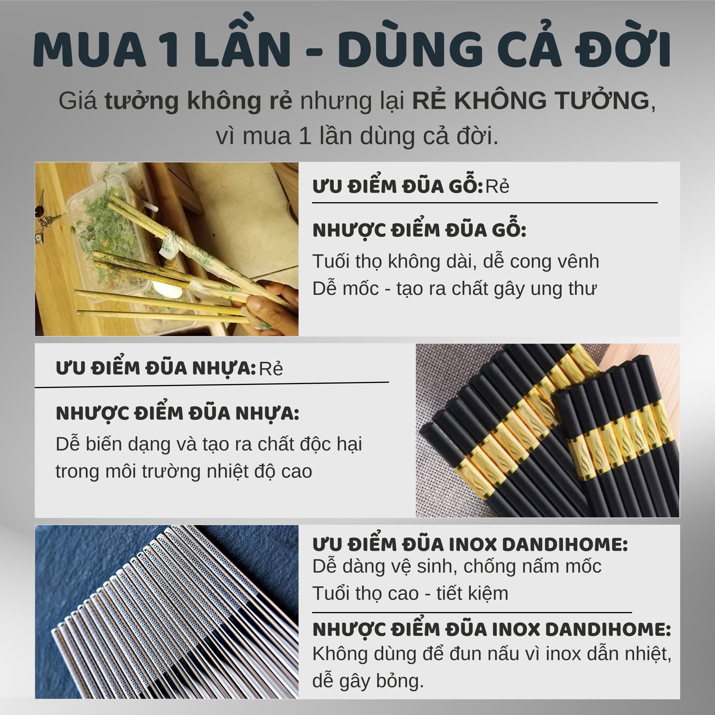 Set 05 đôi đũa inox 304 - 316 DandiHome 2020 chống trơn trượt, sang trọng, tinh tế