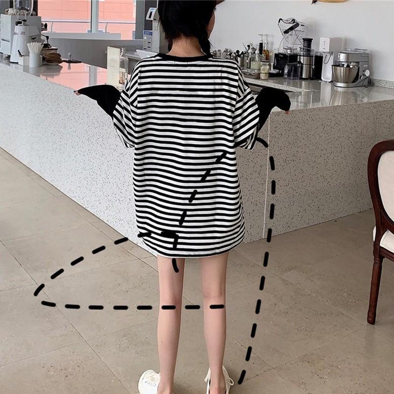 Áo thun tay dài cổ tròn hoạ tiết kẻ sọc thiết kế dáng rộng thoải mái