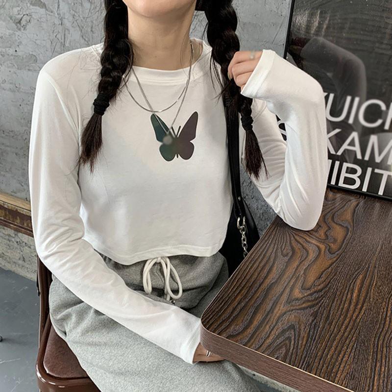 Áo Thun Tay Ngắn Họa Tiết Hình Bướm Phản Quang Dễ Thương Cho Nữ
