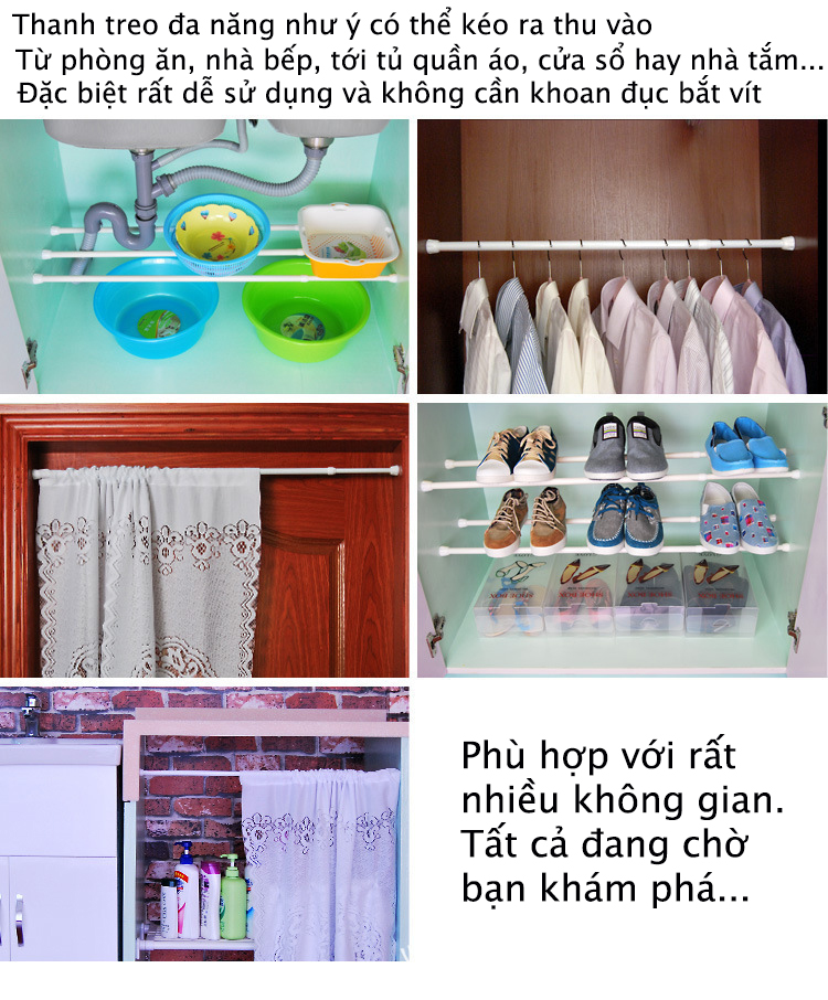 Thanh treo đa năng chân tròn sơn tĩnh điện không cần khoan bắt vít 60-110cm