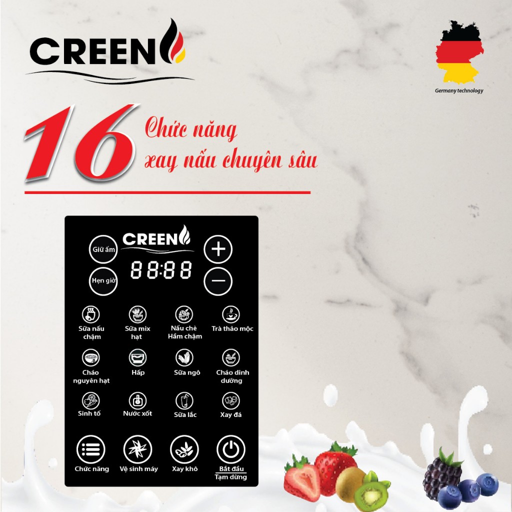 Máy làm sữa hạt đa năng CREEN BA-138 Plus, công suất xay và nấu 1800W, dung tích 1.75L, 16 chức năng - Hàng chính hãng