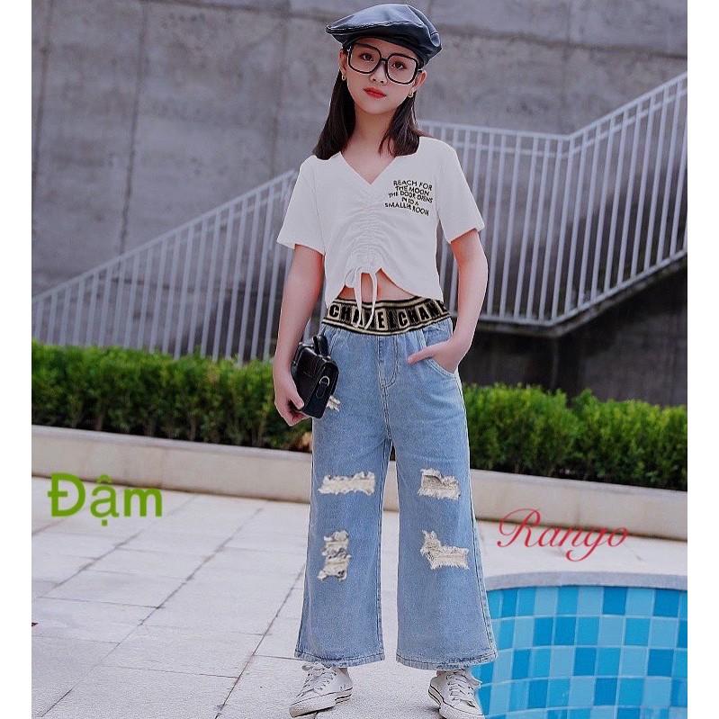 Quần jean bé gái ống rộng wash rách lưng thun jean mềm co giãn sang chảnh diện 4 mùa