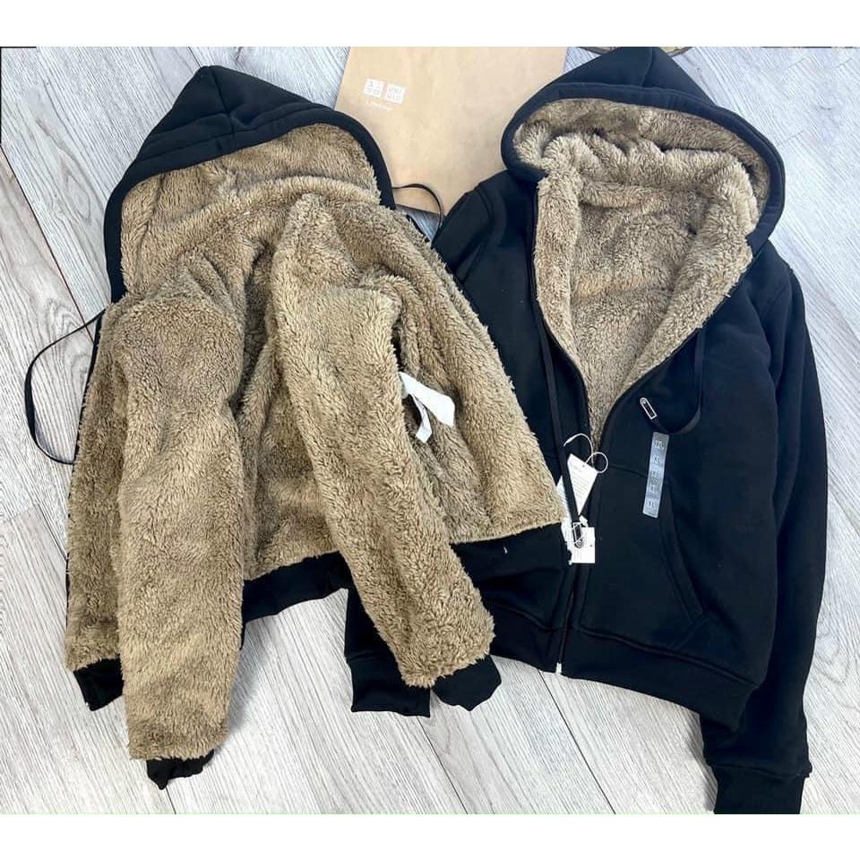 Áo Nỉ Đen Lót Lông Cừu Có Mũ Unisex Cho Nam Và Nữ
