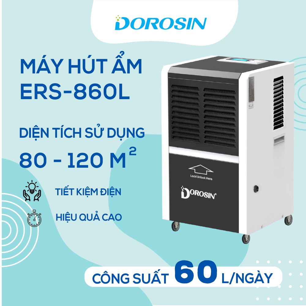 Máy hút ẩm công nghiệp Dorosin Airko - diện tích dùng 80-120m2 - công suất 60 lít/24 giờ - dùng cho nhà xưởng, phòng y tế - Hàng nhập khẩu chính hãng