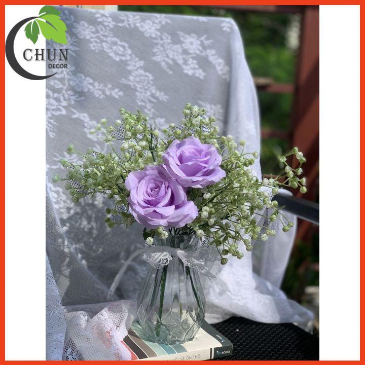 Bình Hoa Thủy Tinh, Bình Hoa Cắm Sẵn Hoa Hồng Cao 32Cm Trang Trí Bàn Trà Bàn Tiệc Bàn Trang Điểm Kệ Tủ
