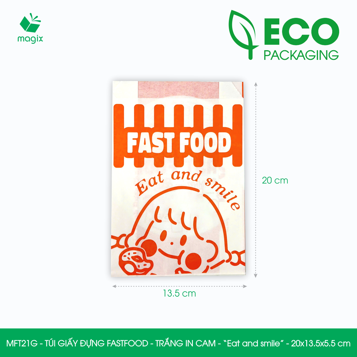 MFT21G - 20x13.5x5.5 cm - 500 Túi giấy MG đựng fastfood, túi đựng thực phẩm