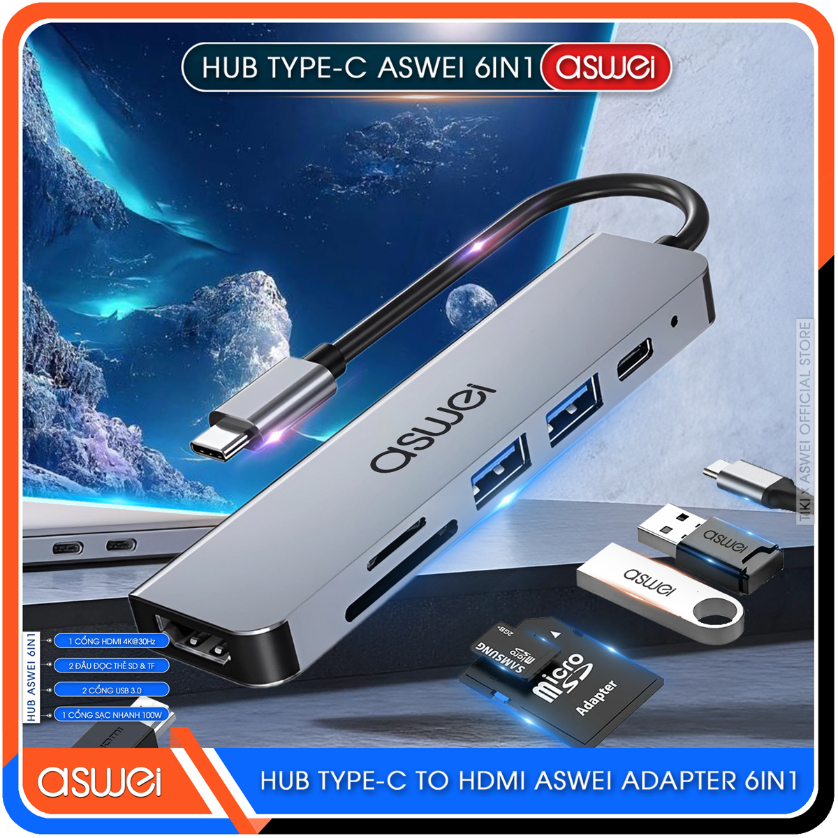 Hub Type C ASWEI 6 in 1 To HDMI, USB 3.0, SD, TF, PD 100W - Hàng Chính Hãng