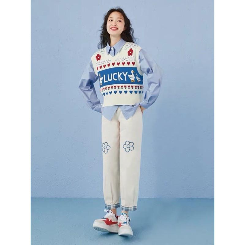 Quần Baggy Kaki Ống Suông Ulzzang Unisex - Thêu Bông Hoa