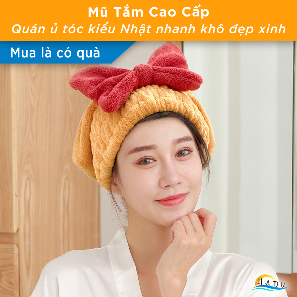 Mũ Trùm Đầu Ủ Tóc Khi Tắm Bền Cao Cấp Nơ Kiểu Nhật Khô Nhanh Mềm Mịn HADU