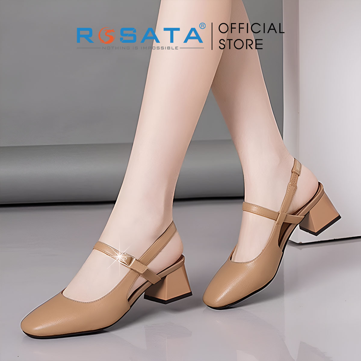 Sandal nữ bít mũi, gót vuông, quai cài ROSATA RO622 - 5p - Nâu, Kem - HÀNG VIỆT NAM - BKSTORE