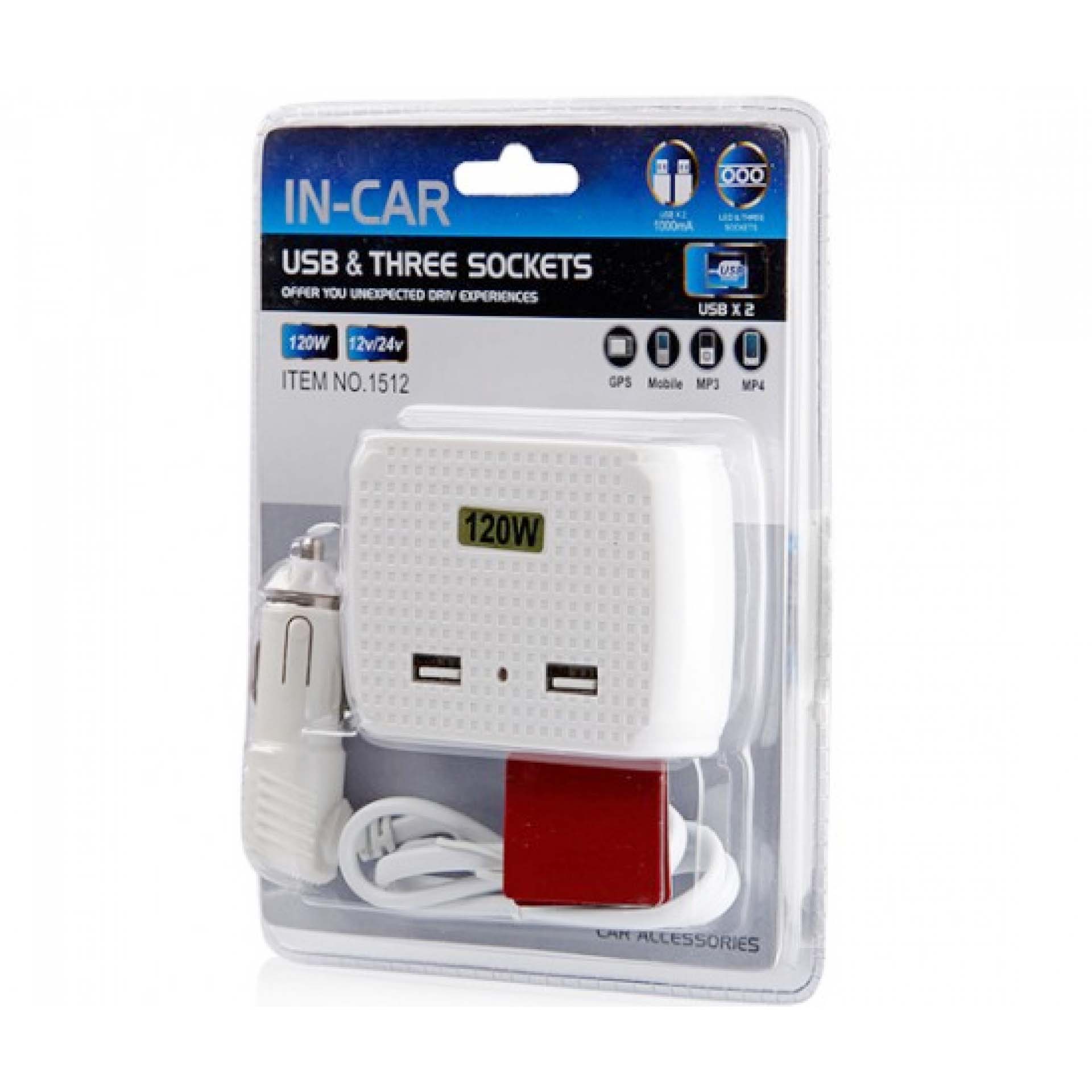 Bộ Chia Tẩu Sạc Dành Cho Xe Ô Tô 3 Cổng Tẩu 2 USB Model 1512 IN-CAR OLESSON