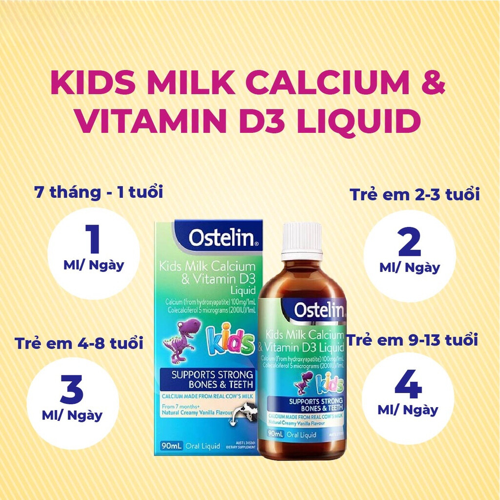 Vitamin D3 200IU và Canxi dạng nước cho bé Ostelin Kids Milk Calcium &amp; Vitamin D3 Liquid 90ml của Úc