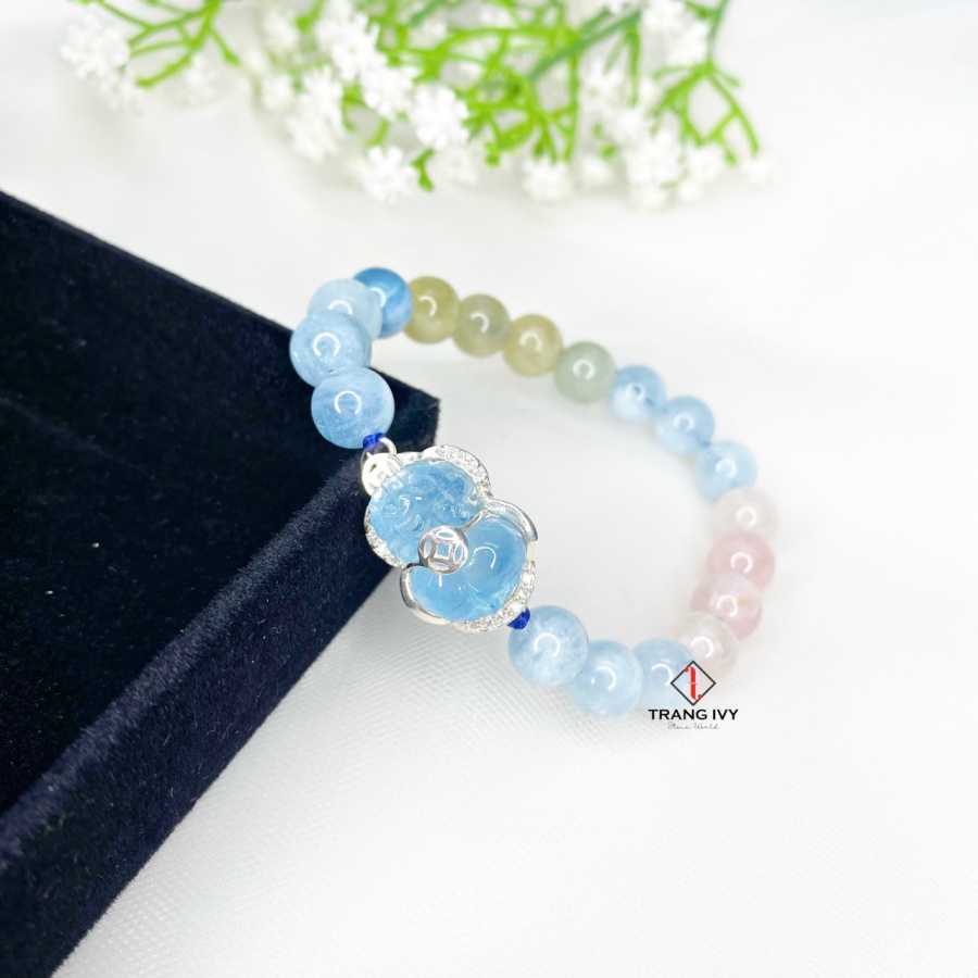 Vòng Tay Beryl Mix Tỳ Hưu Aquamarine Bọc Bạc