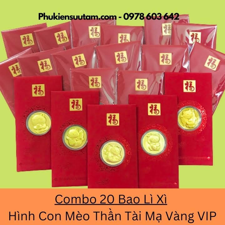 Combo 20 Bao Lì Xì Hình Con Mèo Thần Tài Mạ Vàng VIP, kích thước: 17cmx8cm, màu đỏ - SP005925