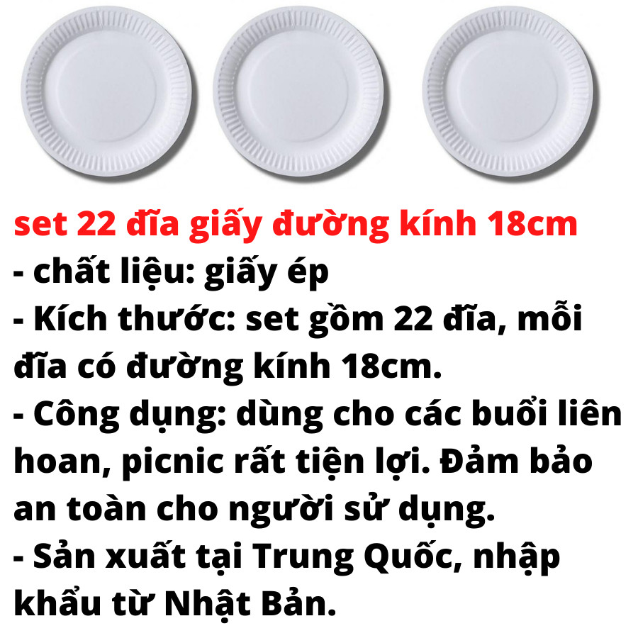 Set 22 đĩa giấy rộng 18cm dùng cho các buổi liên hoan picnic tiện lợi  tặng 2 zipper 10cm