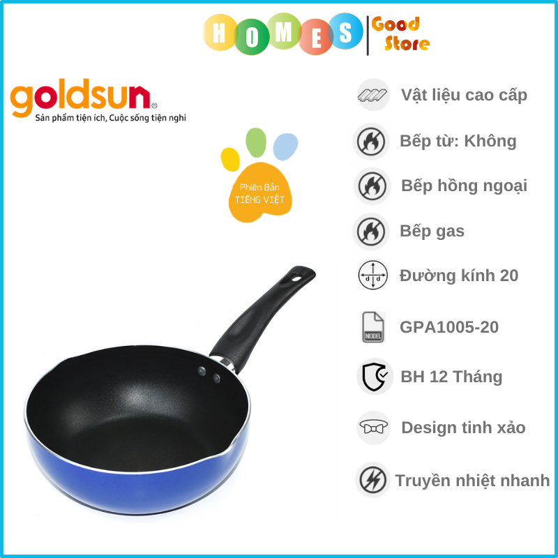 Chảo Chống Dính Đáy Lòng Sâu GOLDSUN GPA1005-20 Đường Kính Đáy 20 Cm Công Nghệ Chống Dính Mỹ- Hàng Chính Hãng