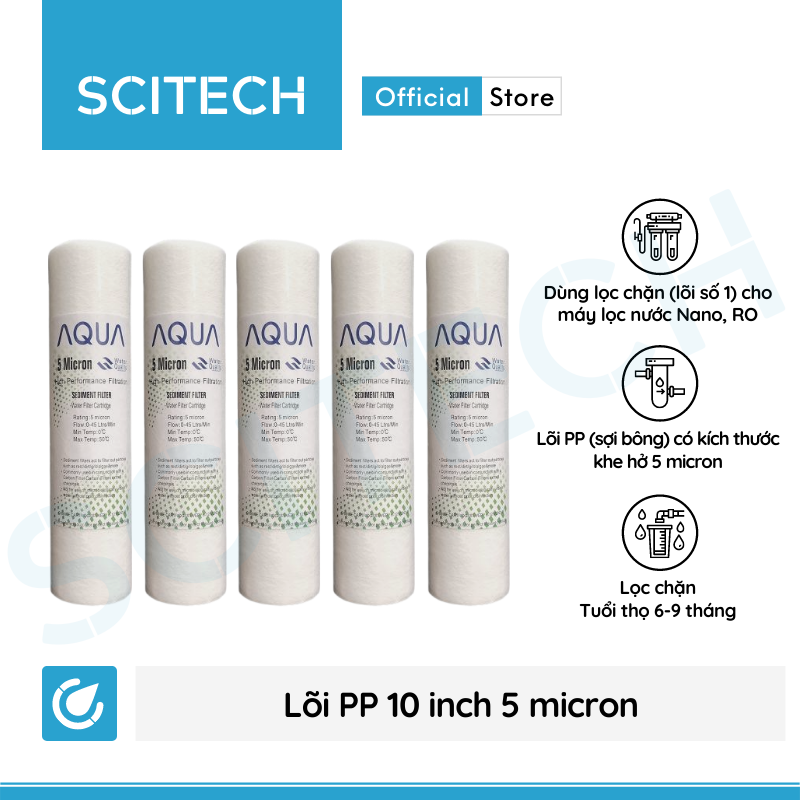 Combo 5 lõi lọc nước số 1 PP 10 inch 5 micron dùng trong máy lọc nước Nano/UF/RO, bộ lọc thô - Hàng chính hãng