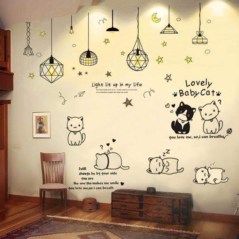 Decal dán tường chùm đèn vàng và đàn mèo - HP199