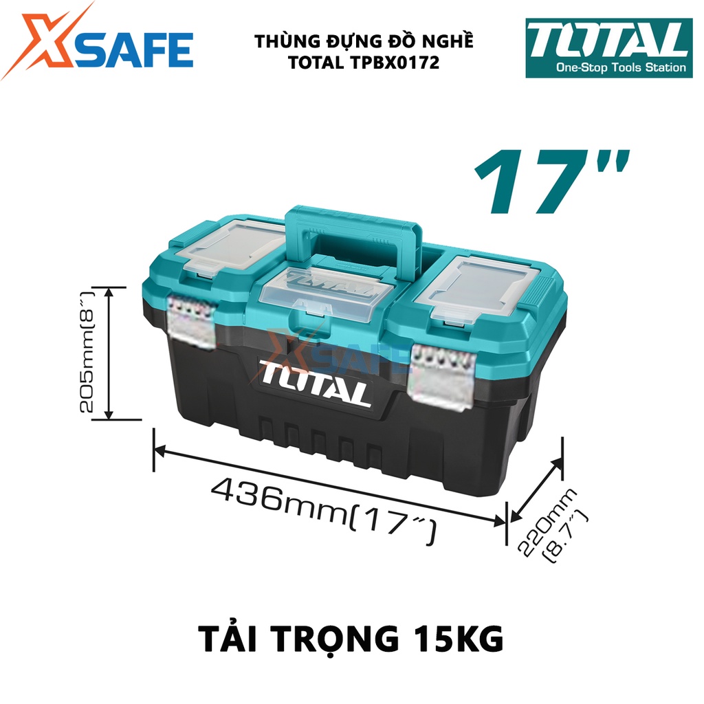 Hộp đựng đồ nghề TOTAL TPBX0172 Thùng đồ nghề khóa kim loại tải trọng tối đa 15kg, chất liệu nhựa PP cứng cáp, bền bỉ