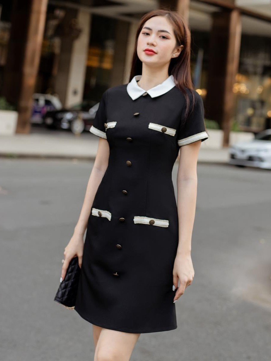 Đầm suôn cổ trắng phối nút - D069- Lady fashion- Khánh Linh Style