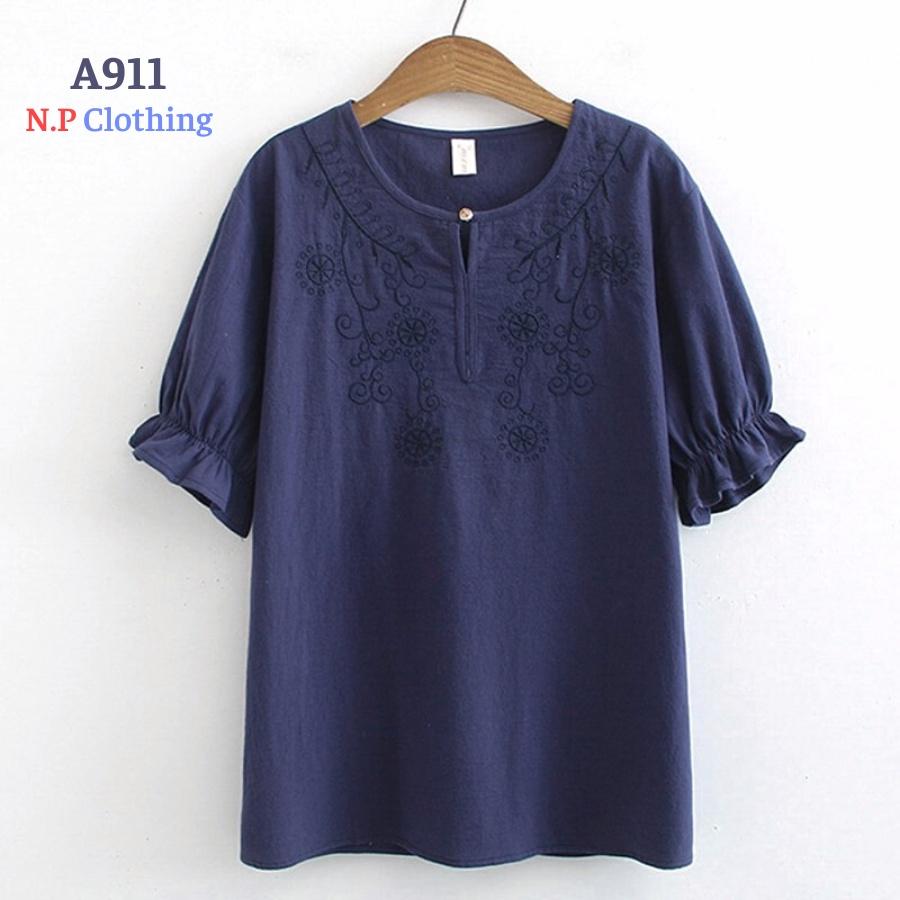 Áo Trung Niên Nữ A911, Mẫu Áo Sơ Mi Thêu Tay Phồng Cổ Tròn Form Rộng Thanh Lịch Bigsize | Thời Trang Trung Niên