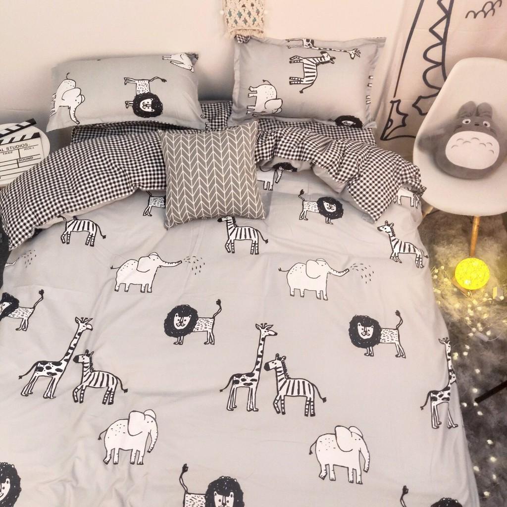 Bộ chăn ga Cotton Poly M2T bedding chăn ga Hàn Quốc họa tiết vườn bách thú đủ size miễn phí bo chun