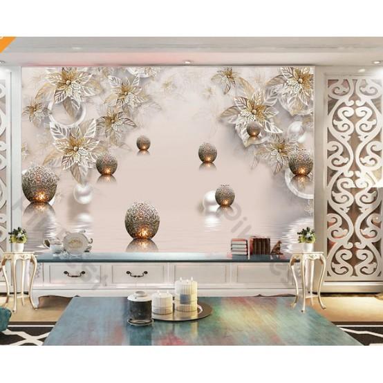 Tranh dán tường Tranh hoa lồng đèn kim loại sáng tạo, tranh dán tường 3d hiện đại MS1129647
