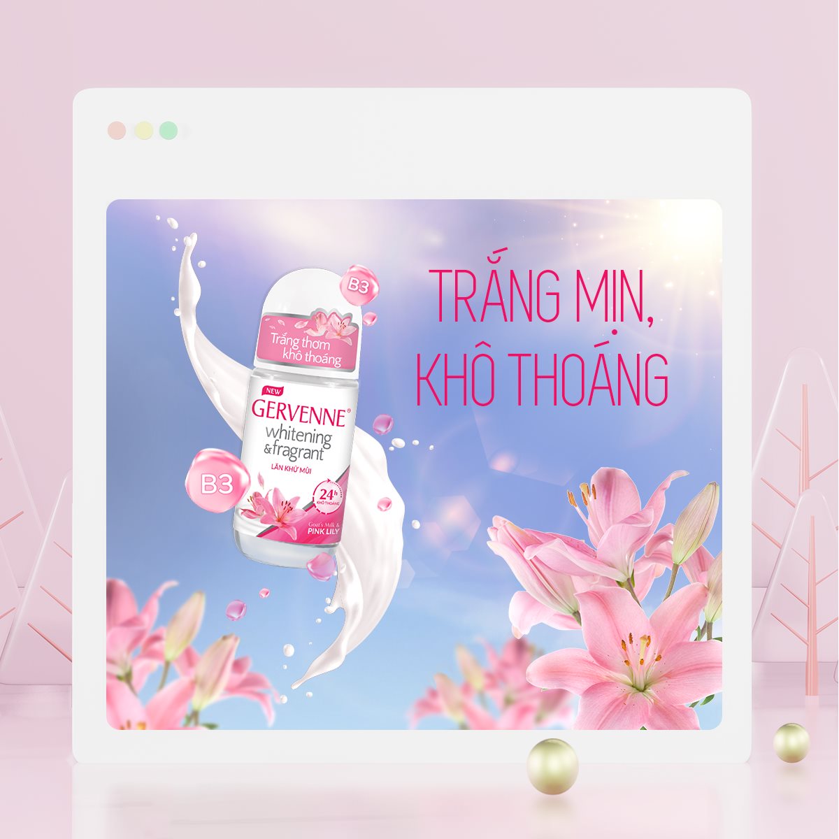 Gervenne Combo 2 Lăn khử mùi trắng da Pink Lily 50ml/chai