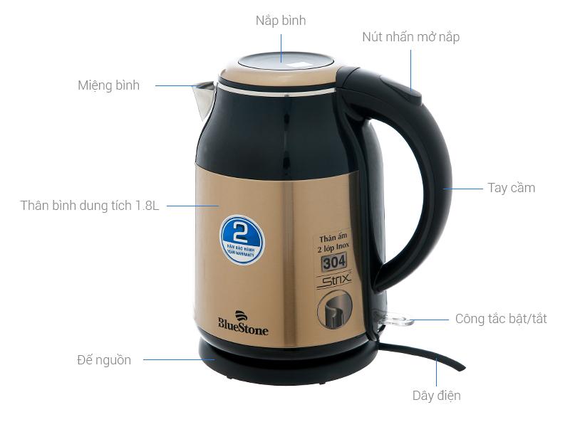 Ấm đun siêu tốc BlueStone KTB-3369 - Dung tích 1.8 lít - Hàng chính hãng