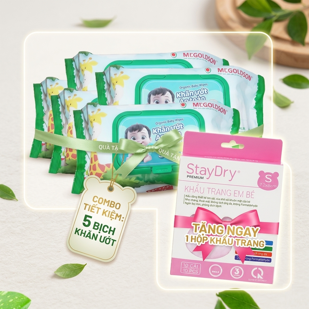Combo 5 gói khăn ướt StayDry tặng 1 hộp khẩu trang