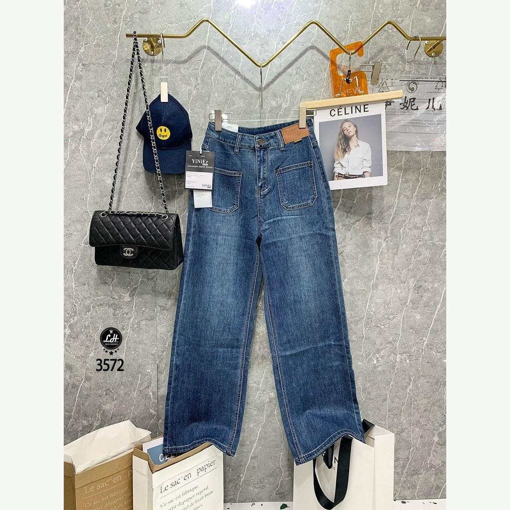Quần jean nữ ống rộng, quần bò màu xanh túi đấp vuông lưng có tag dễ thương cho nàng Lê Huy Fashion MS 3572