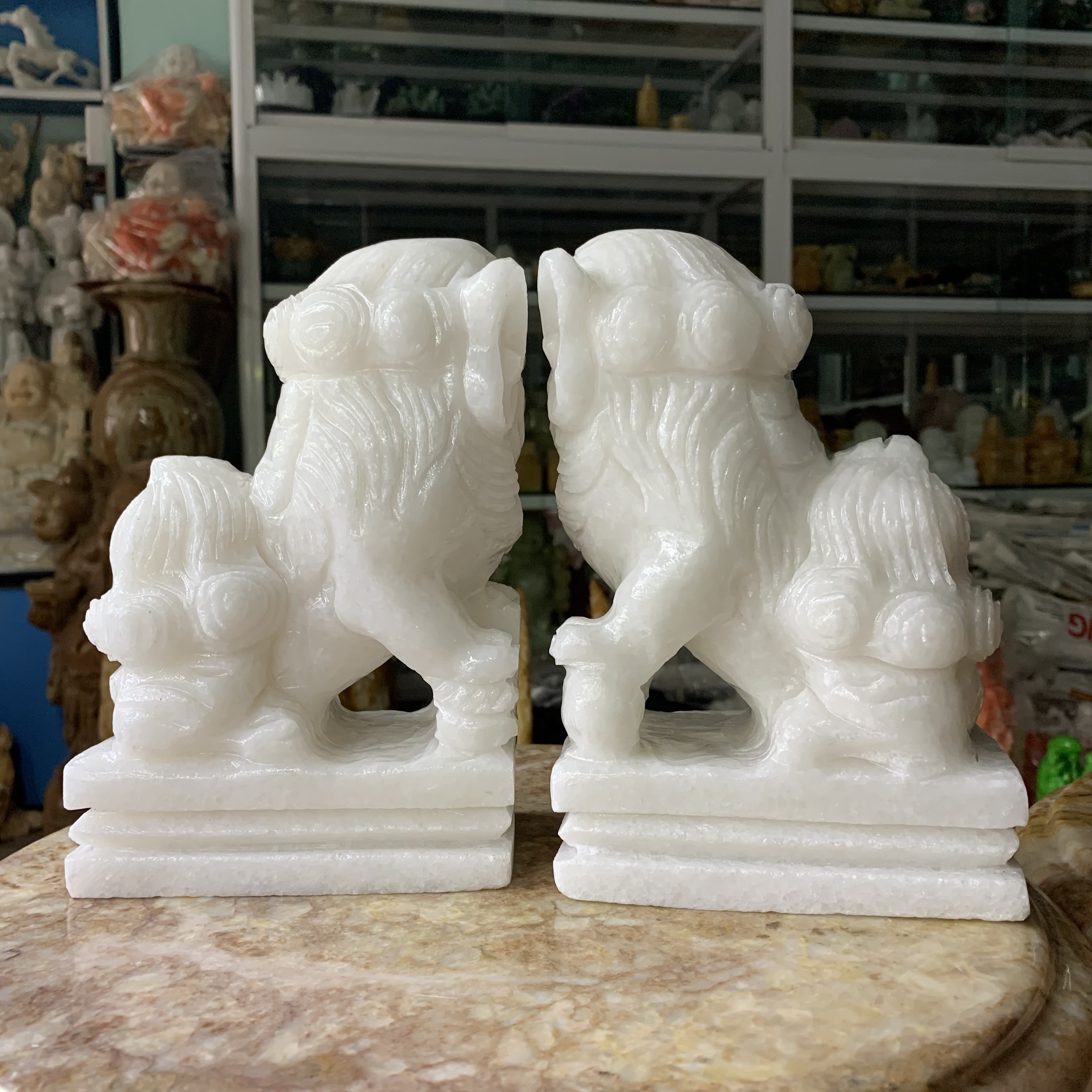 Cặp Kỳ Lân, Nghê Đá Cẩm Thạch Trắng - cao 20cm