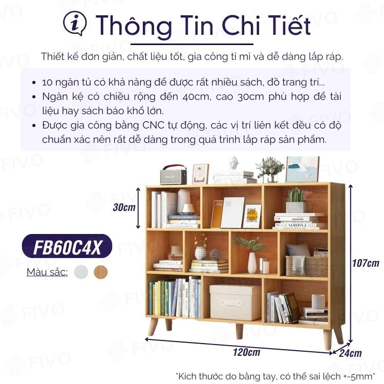 Kệ Đựng Sách Gỗ MDF FIVO FB60 (120 x 24 x 107cm) Nhiều Ngăn (Có Kèm Tấm Lưng) - Hàng Chính Hãng