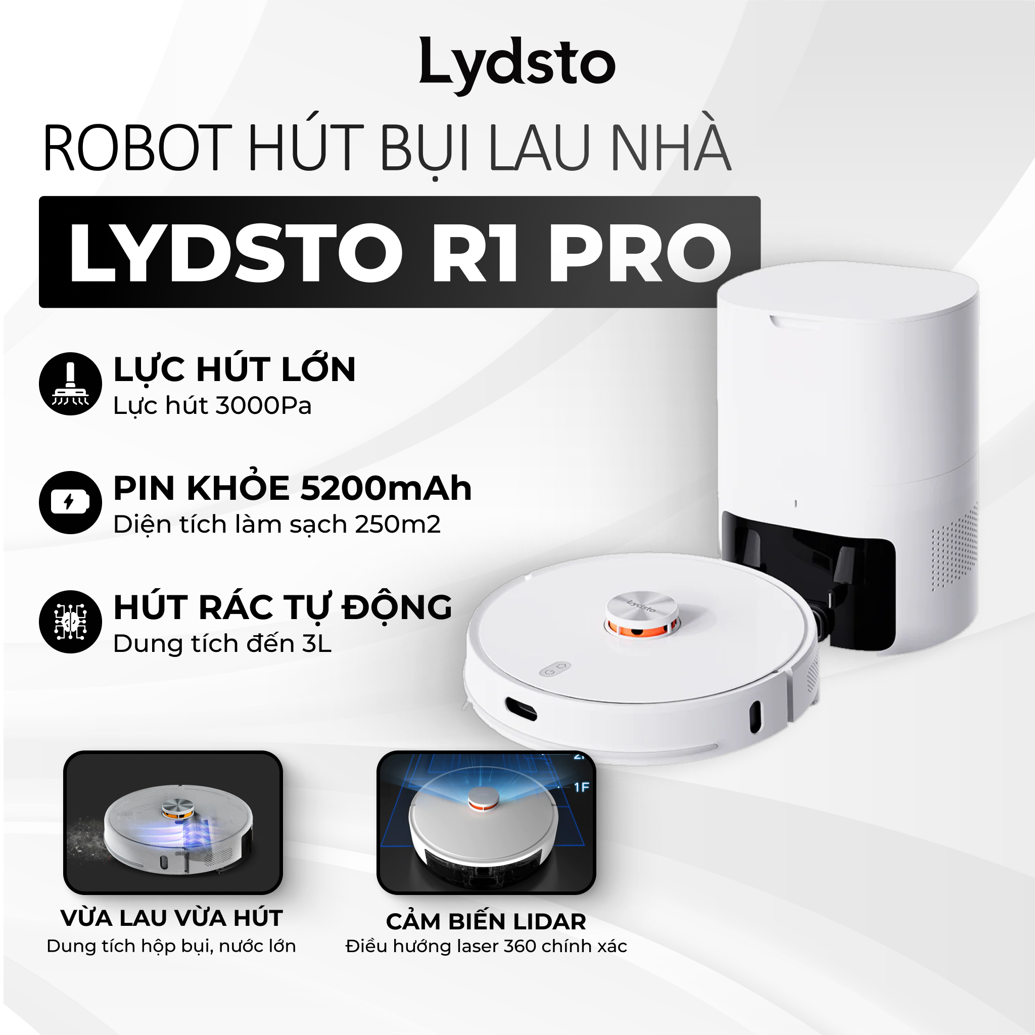 Robot hút bụi Lydsto R1 PRO thông minh có định vị bằng hệ thống cảm biến LDS - Hàng chính hãng