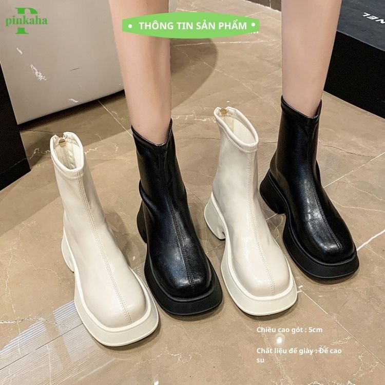 Bốt Nữ Đế Bánh Mì Boots Da Mềm Lót Nỉ Khóa Sau Cao Cấp Boot Mũi Tròn Thời Trang Đế Độn PINKAHA-GB20