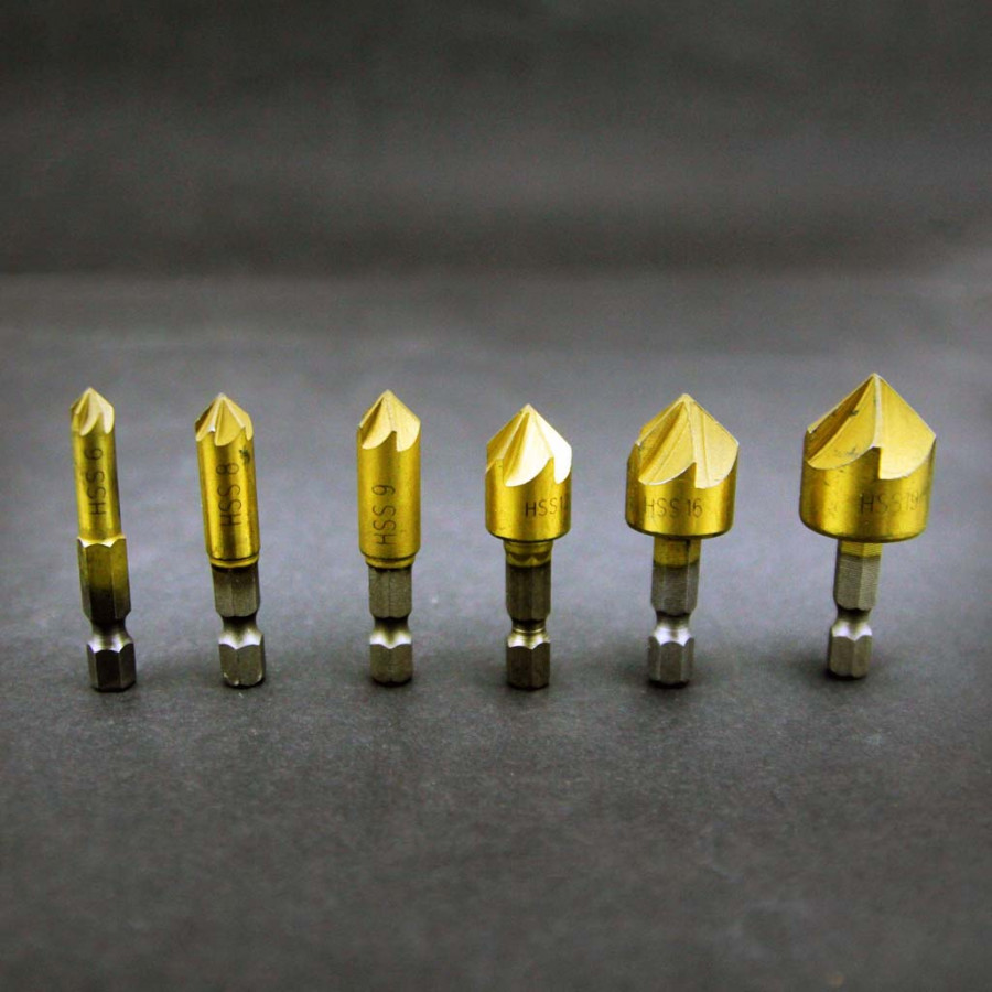 Bộ 6 mũi doa lỗ gỗ dạng 5 lưỡi phay chuôi lục thép carbon cao phủ Titanium