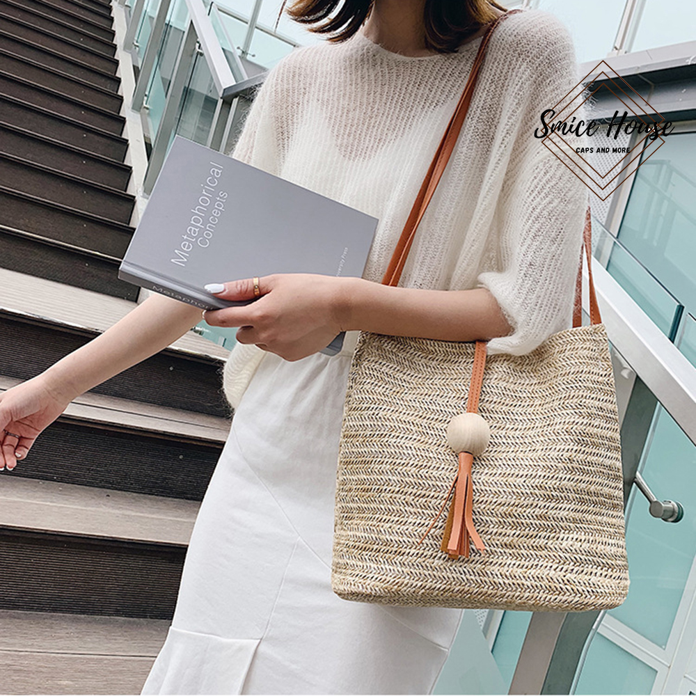 Túi Cói Đeo Vai Trơn đính quả gỗ Phong Cách Vintage, Túi Đeo Kẹp Nách Nữ