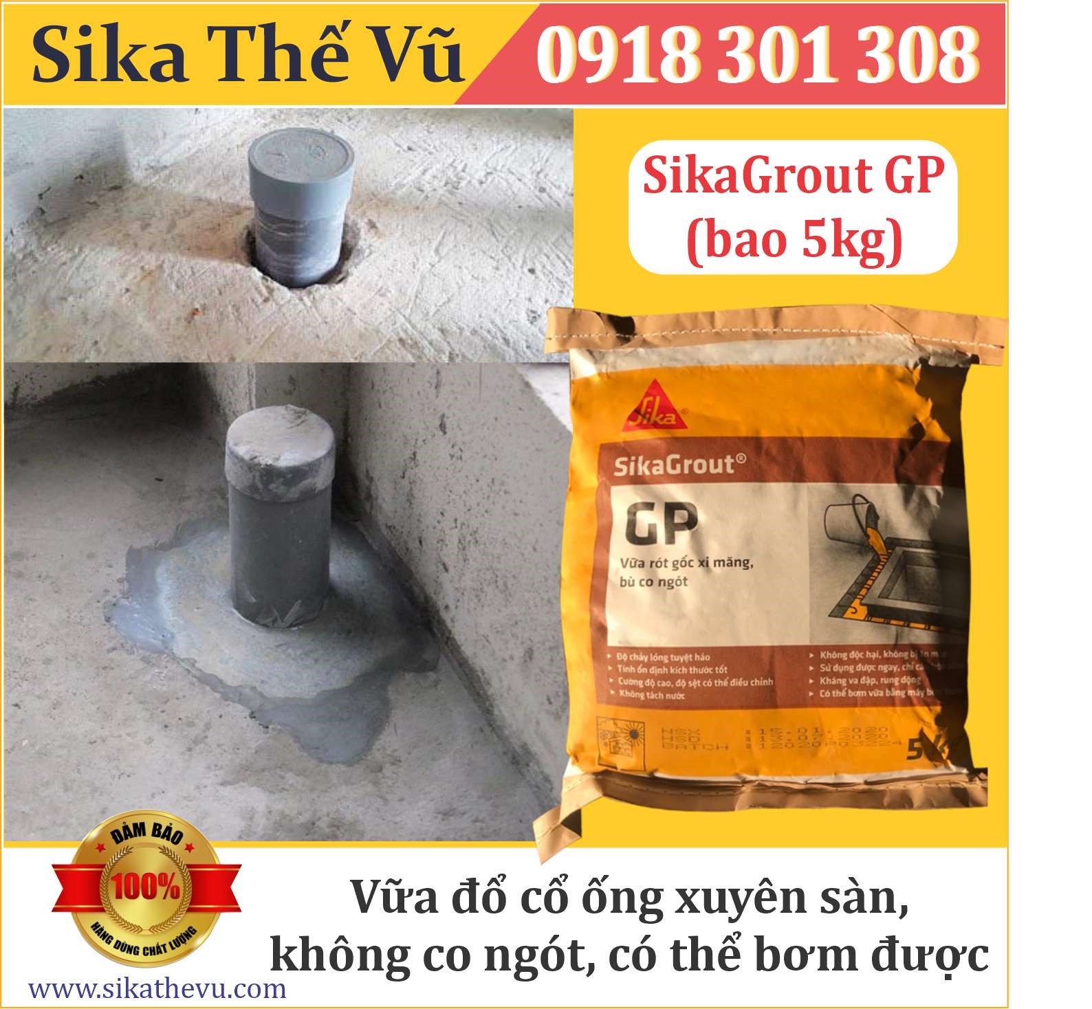 Vữa đổ chống thấm cổ ống xuyên sàn - SikaGrout GP (bao 5kg)